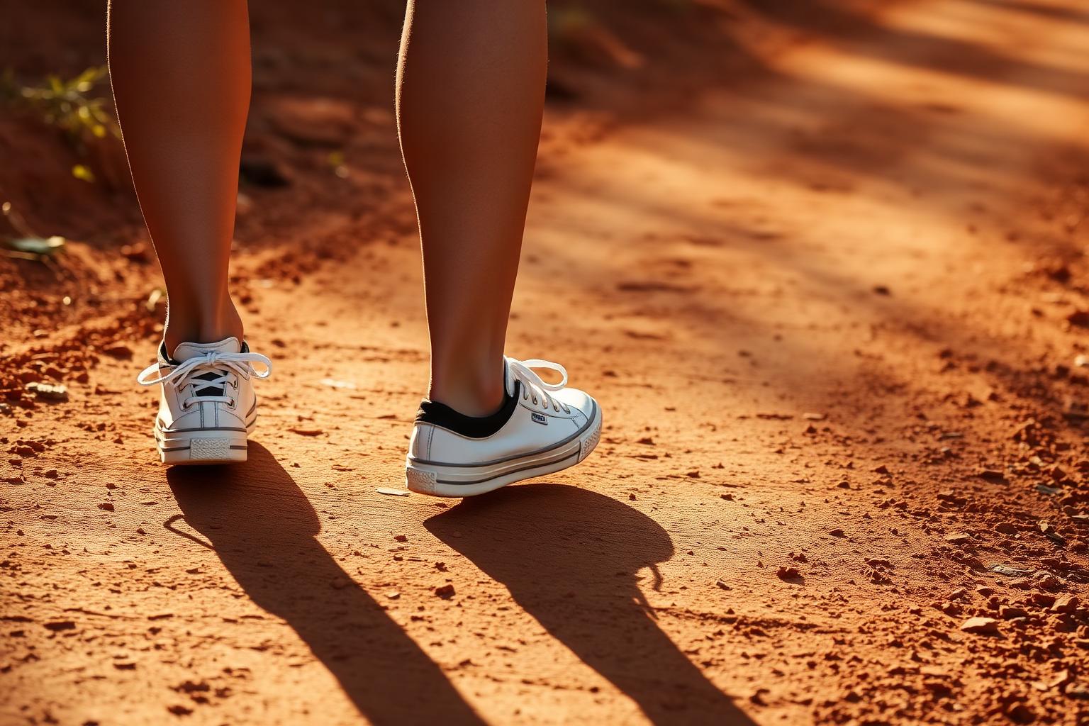 Walking on red clay path at golden hour